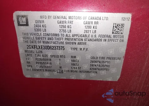 2013 GMC Terrain Slt-2 из США, поврежденный, VIN 2GKFLXE30D6237375